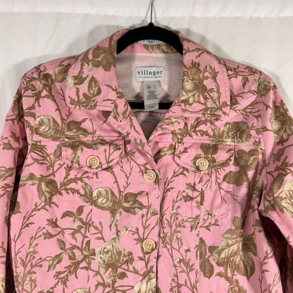 Villager Liz Claiborne Jacket Women's Large Pink Floral Button Up Stretch Cotton - Picture 2 of 10